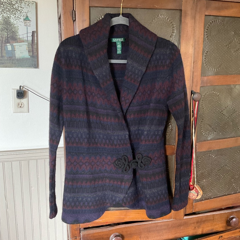 Lauren Ralph Lauren Navy and Burgundy Patterned Knit Cardigan